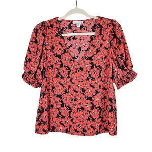 Allison Joy Floral V-Neck Blouse Womens XS Red Puff Sleeve Smocked Top Boho